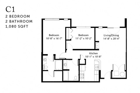 Floor plan for 2 beds, 2 baths, 1080 sqft